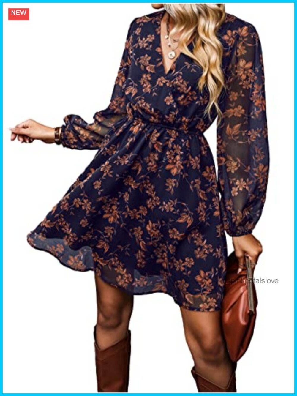 Floral Mini Dress V Neck Long Sleeve Chiffon Wedding Guest